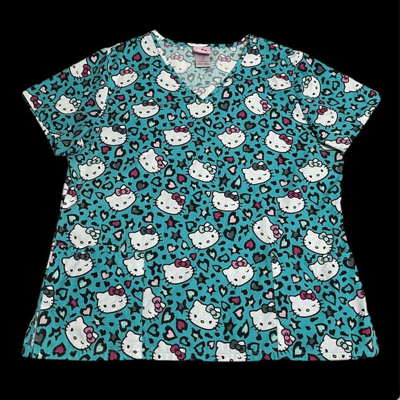 Hello Kitty Scrub Top Shirt Teal Blue Green Cheetah Print Womens Size Large - Picture 1 of 9